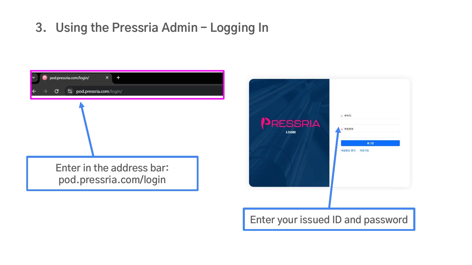Log in to the Pressria admin page